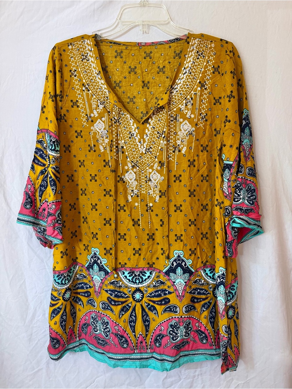 Mustard Embroidered Paisley Boho Tunic Top